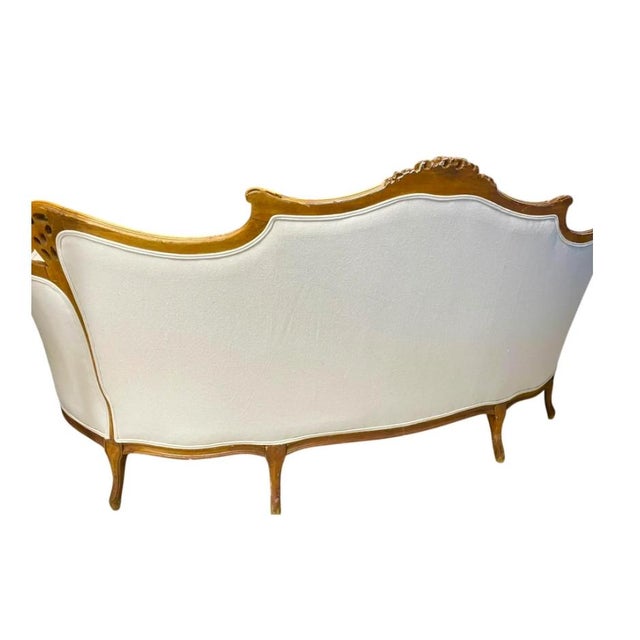 Mid 19th Century Louis XV-Style French Provincial Intricate Hand Carved Frame With Off White Upholstery For Sale - Image 5 of 9