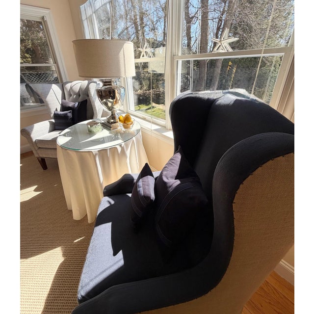 A Pair, Blue Wingback Chairs by Restoration Hardware and Mitchell Gold and Bob Williams For Sale - Image 12 of 18