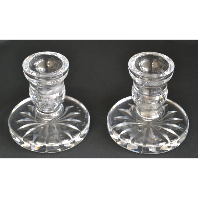 Mid-Century Modern Pair of Waterford Marked Clear Crystal Candle Holders Candlesticks Ireland, 1970 For Sale - Image 3 of 12