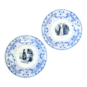 French Vintage Blue & White Transferware Plates, Pair