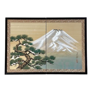 Japanese Vintage Byobu 2 Panel Tabletop or Wall Screen With Pine Tree Mountain. Signed For Sale