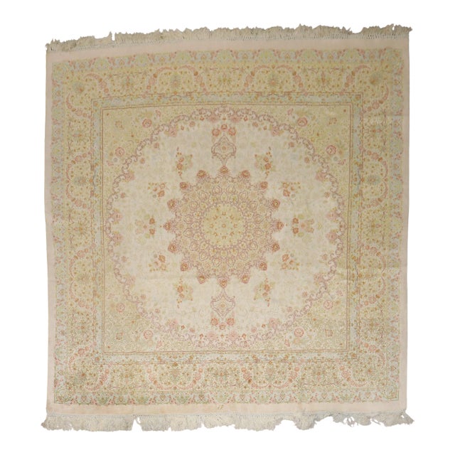 Late 20th Century Zabihi Collection Rare Square Size Silk Persian Qum Rug - 6'4" x 6'6" For Sale