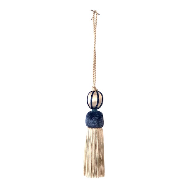 Petite Blue and White Beaded Key Tassel With Velvet Ruche For Sale