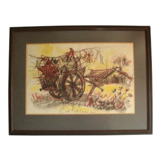 Midcentury Landscape Farm Cart Wagon Lithograph For Sale