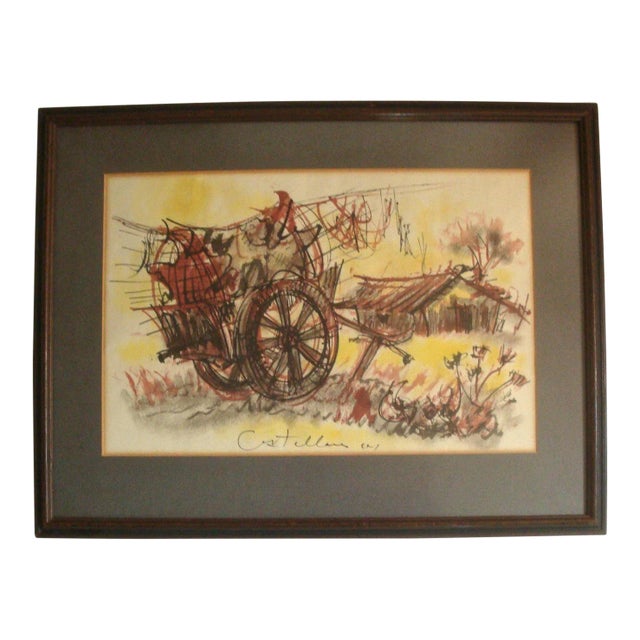 Midcentury Landscape Farm Cart Wagon Lithograph For Sale
