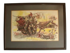 Midcentury Landscape Farm Cart Wagon Lithograph