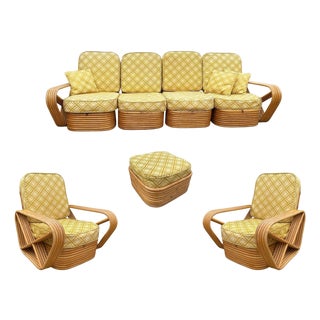 1950s Restored Mid-Century 5-Strand Square Pretzel Rattan Chair & Sofa Livingroom Set For Sale