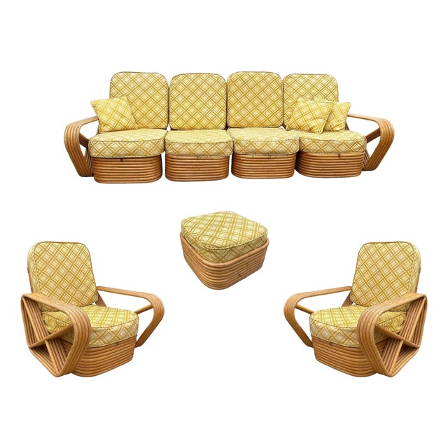 1950s Restored Mid-Century 5-Strand Square Pretzel Rattan Chair & Sofa Livingroom Set For Sale