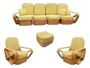 1950s Restored Mid-Century 5-Strand Square Pretzel Rattan Chair & Sofa Livingroom Set