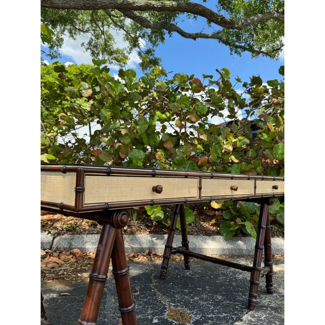 2000 - 2009 Williams Sonoma Home Faux Bamboo & Raffia Desk With Glass Top – Coastal Regency Writing Table For Sale - Image 5 of 9