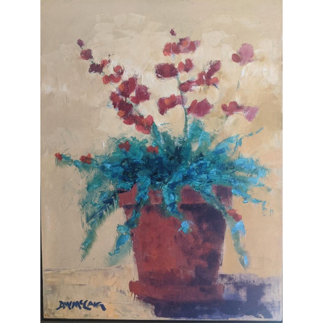 Vintage Original Still Life Potted Begonia Flower Oil Painting Signed For Sale - Image 4 of 8