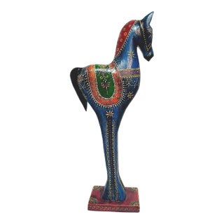 1960s Handcrafted 19" Wood Horse Statue for Tabletop Decor | Vibrant Hand Painted Indian Folk Art Sculpture | Unique Equestrian Housewarming Gift For Sale