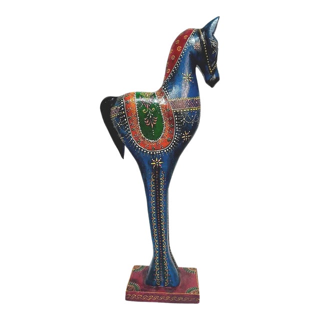 1960s Handcrafted 19" Wood Horse Statue for Tabletop Decor | Vibrant Hand Painted Indian Folk Art Sculpture | Unique Equestrian Housewarming Gift For Sale