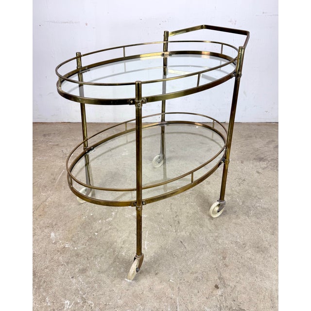 Mid 20th Century Mid 20th Century Modern / Hollywood Regency Brass Two-Tier Oval Bar Cart / Tea Cart For Sale - Image 5 of 12
