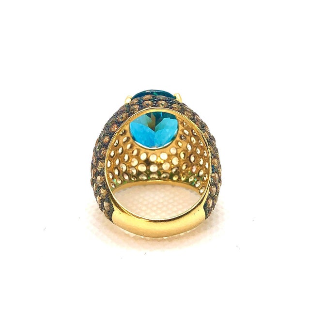 Art Deco Bochic "Orient" Vintage Natural Yellow Sapphire & Blue Topaz Ring Set 18K Gold & Silver For Sale - Image 3 of 8