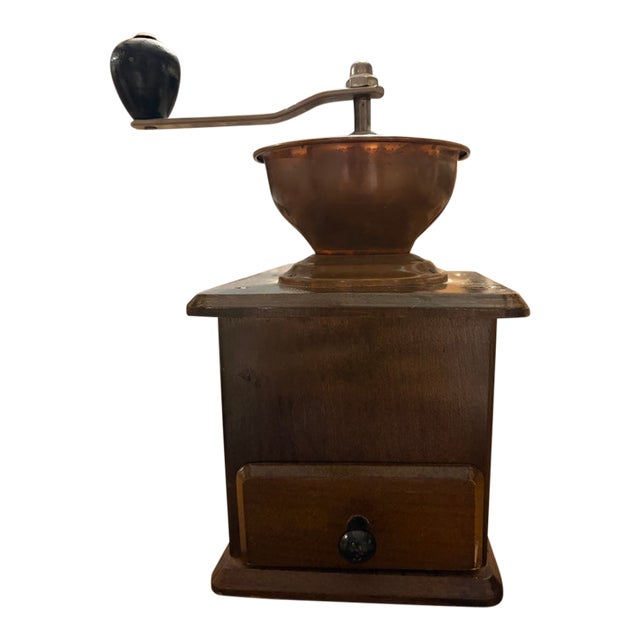 Vintage West German Rovel Co. Wood & Copper Hand-Crank Coffee Grinder For Sale