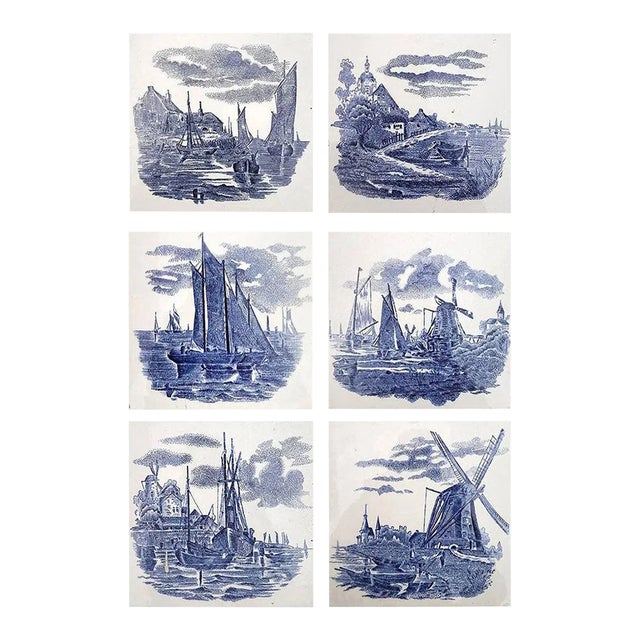 Dutch Blue Ceramic Tiles by Gilliot Hemiksen, 1930s, Set of 6 For Sale