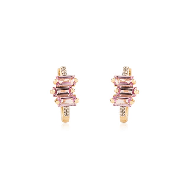 Modern 14k Yellow Gold Pink Sapphire & Diamond Baguette Huggie Hoop Earrings for Gift- 2 Pieces For Sale - Image 3 of 12
