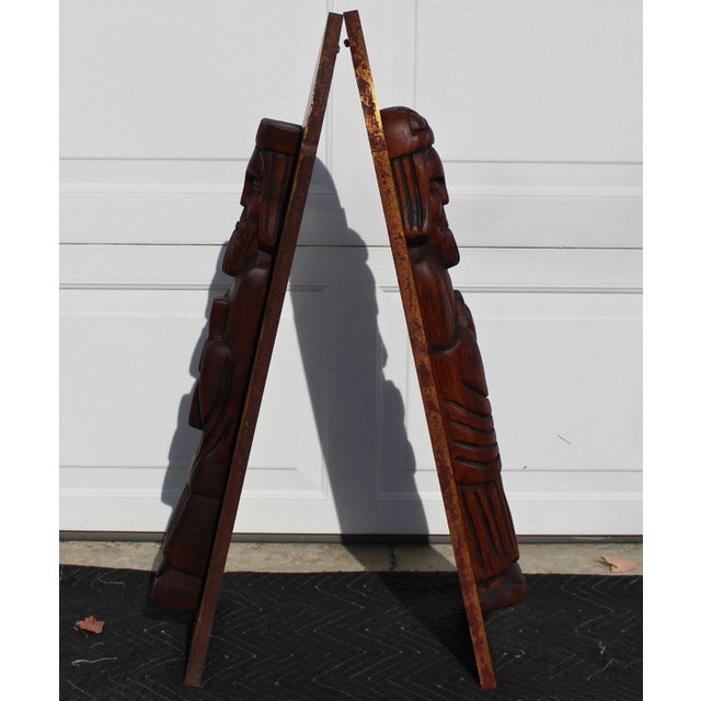 1960s Jaru California 36" Wall Art Wood Carved Figures Gold Plaques For Sale - Image 9 of 17