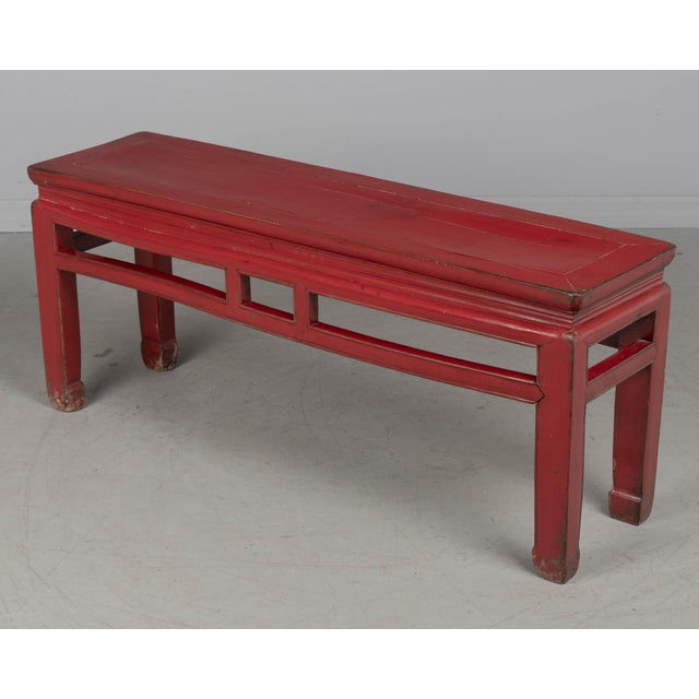Asian 19th Century Chinese Qing Dynasty Red Lacquered Bench For Sale - Image 3 of 11