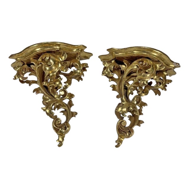1940s Pair of Italian Baroque Gilt Wood Wall Shelves For Sale