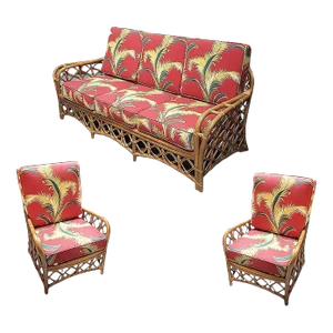 Restored Mid Century Lattice Rattan Sofa & Lounge Chair Livingroom Set