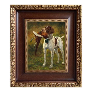 English Pointer With Pheasant Framed 8x10" Oil Painting Print on Canvas, Brown & Gold Frame For Sale