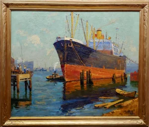 Ferdinand Kaufmann -Large Ship Approaching the Los Angels Harbor-1930 Oil Painting