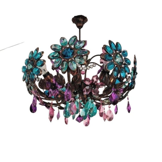 Large Vintage Chandelier Crystal Antique Different Daisy Colourful Hand Painted 8 Lamps Bohemian Light For Sale - Image 6 of 10