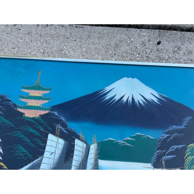 Blue Vintage Mid-Century Japanese Scenic Silk Paintings in Steel Frames, Pair For Sale - Image 8 of 12
