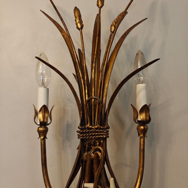 Vintage Italian Gilt Gold Metal Sheaf of Wheat Electric Candle Wall Sconce For Sale - Image 9 of 10