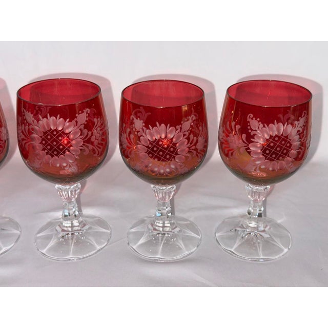 Late 19th Century Late 19th Century Bohemian Floral Etched Cranberry Iridescent Glass Goblets, Set of 6 For Sale - Image 5 of 12