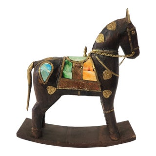 Vintage Charles Marcak Hand Carved Rocking Horse W Brass Accents For Sale