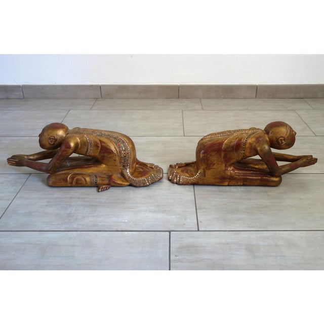 Wood Burmese Artist, Statues of Buddhist Monks in Prayer, 19th Century, Wood, Set of 2 For Sale - Image 7 of 18