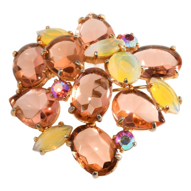 Schiaparelli Style Vintage Brooch Peach & Yellow Glass Stones Gold-Plated For Sale