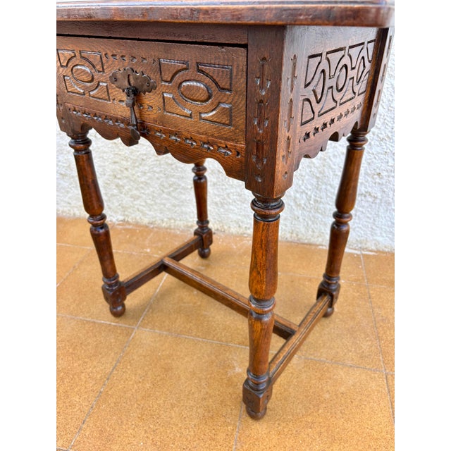 Antique Castilian Oak Side Table With One Carved Drawer, 1920s For Sale - Image 10 of 15