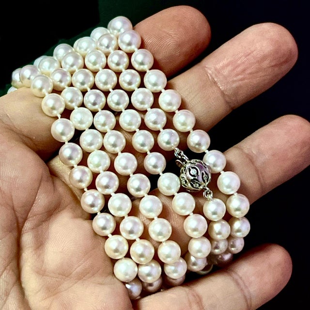 Metal Natural Akoya Pearl Diamond Necklace 49" 18k White Gold 7 mm Certified For Sale - Image 7 of 13