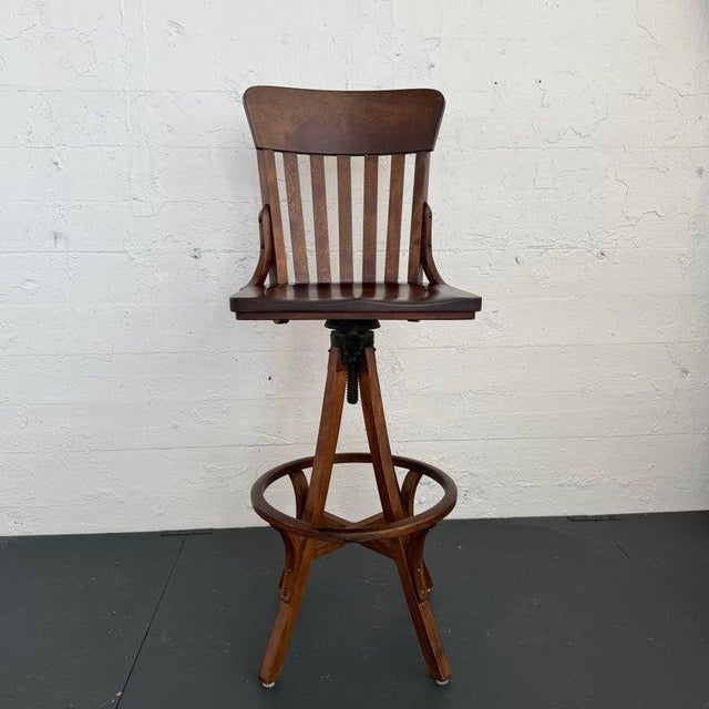 American 1920s Oak Craftsman Swivel Architect's Drafting Stool For Sale - Image 3 of 12