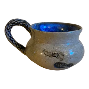 Hand Thrown Signed Gray & Blue Studio Art Pottery Foot Print Mug Basket Weave Design Handle