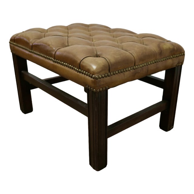 Deeply Buttoned Chesterfield Tan Leather Library Stool For Sale