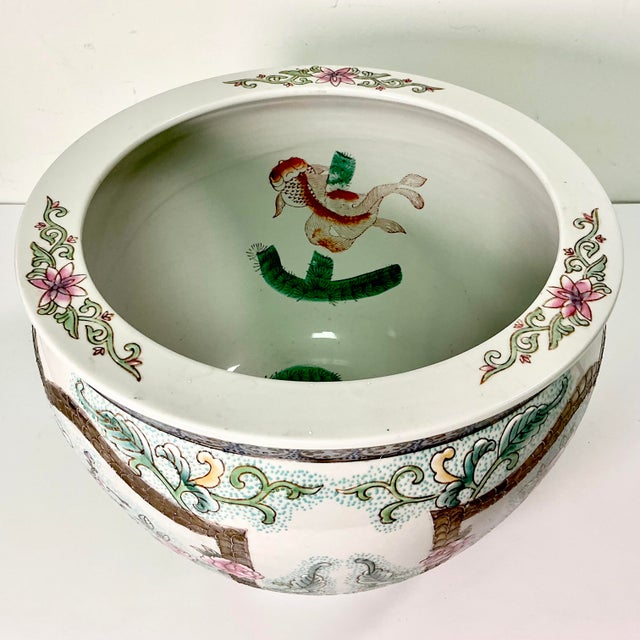 Vintage Chinoiserie Boho Chic Hollywood Regency Pink Famille Rose Koi Fish Bowl Planter. For Sale - Image 9 of 13