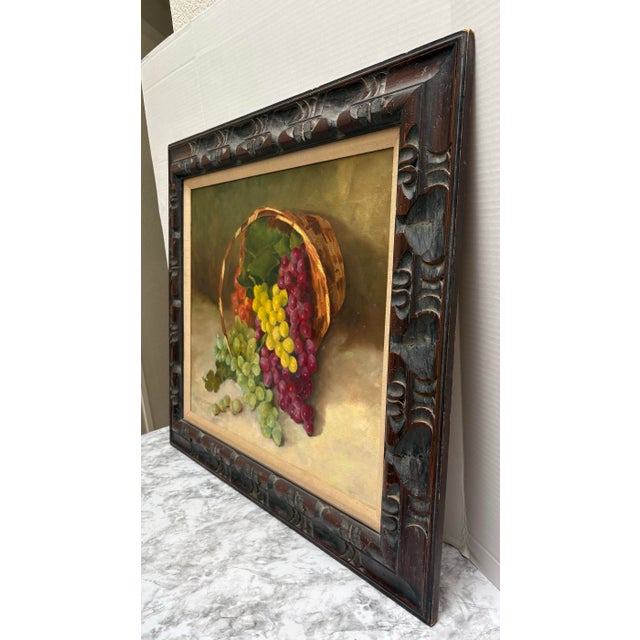 Coffee Large Vintage Mid Century Original Painting of Grapes Tumbling From a Basket For Sale - Image 8 of 9