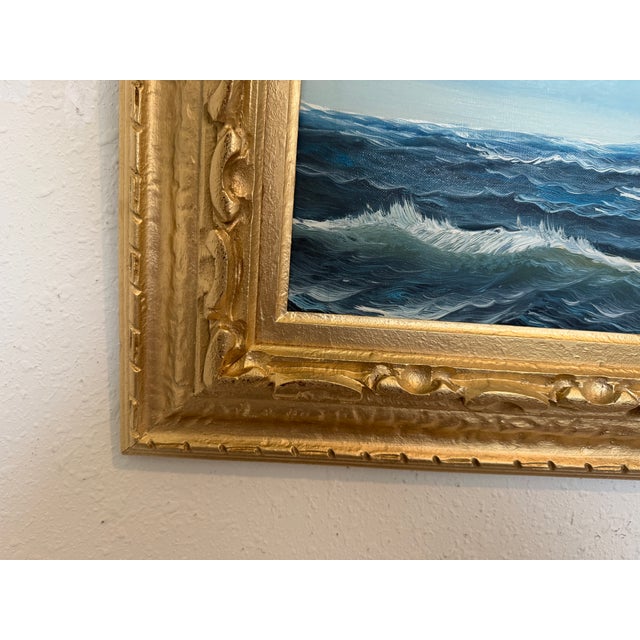 A vibrant vintage oil painting on canvas depicting a majestic sailing ship cutting through rolling ocean waves under a...