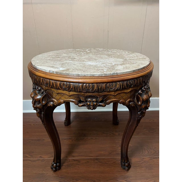Antique French Renaissance Revival Center Table Round Marble Carved Walnut c1900. Direct from France, a stunning antique...