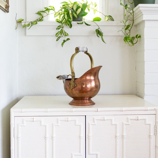 Copper and Brass Helmet Coal Scuttle With Delft Handles For Sale - Image 9 of 9