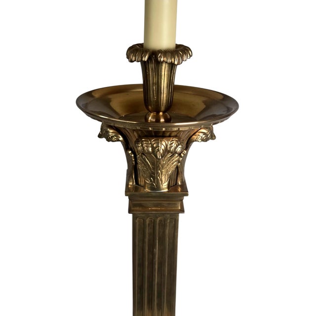 French 1991 Neoclassical Solid Brass & Black Marble Column Table Lamp by Chapman W/ Frederick Cooper Paisley Damask Shade - 35" For Sale - Image 3 of 17