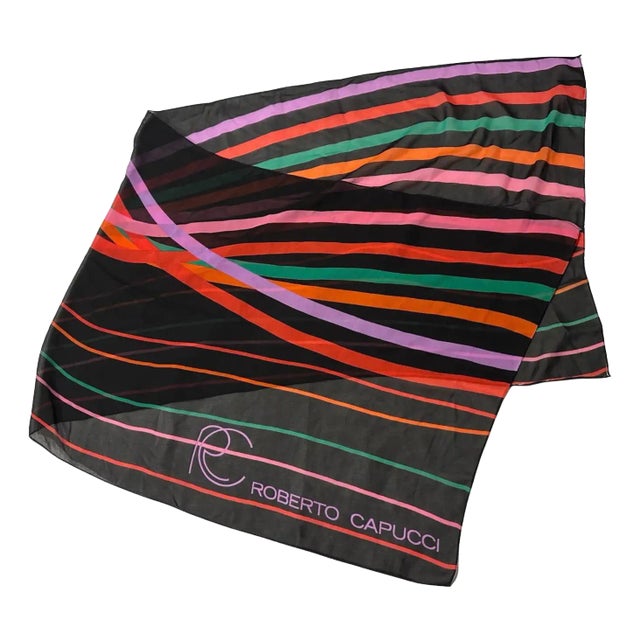 1980s Polychrome Italian Long Silk Scarf by Roberto Capucci For Sale