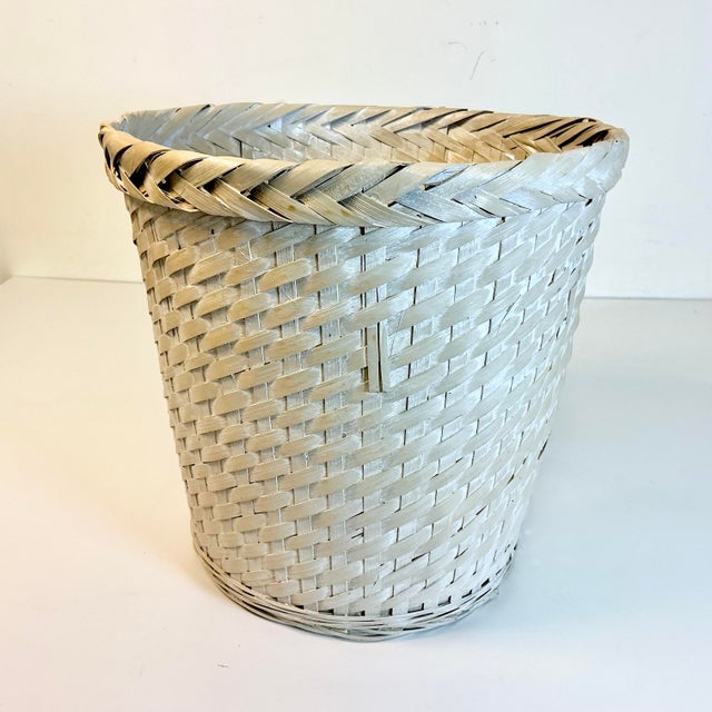 Mid-Century Boho Chic Coastal White Washed Almond Painted Wicker Wastebasket. For Sale - Image 6 of 11