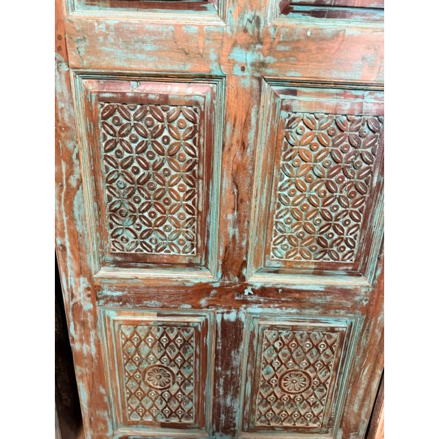 1920s Antique Blue Carved Reclaimed Wood Barn Door – Vintage Architectural Accent 96x36 For Sale - Image 5 of 10