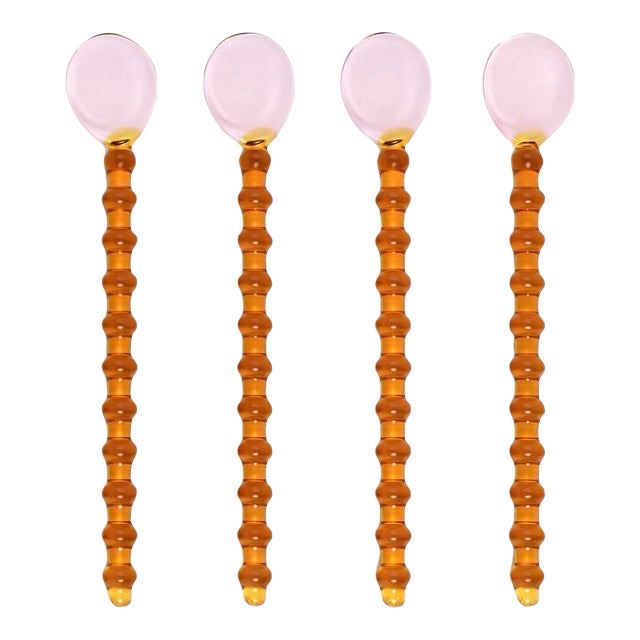 Contemporary Pale Pink Amber Beaded Glass Stirring Spoons - Set of 8 For Sale